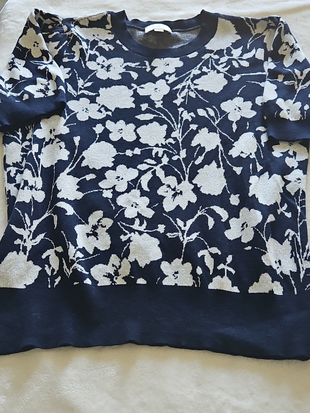 LOFT Navy and Cream Floral Crewneck Sweater